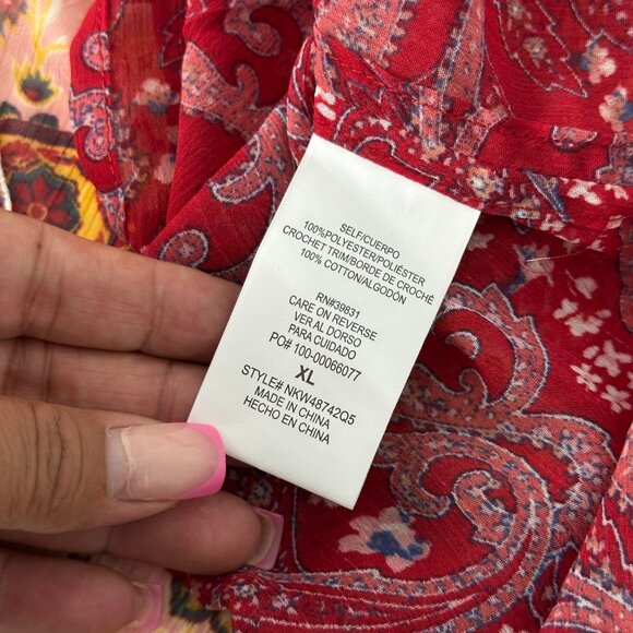 Rewind Women Red-Pink Paisley Crochet Trim Kimono Cardigan SZ XL Coverup Beach - Picture 3 of 8